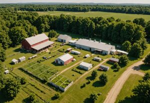 Aerial view of a 5-acre homestead with barns, greenhouses, and DIY Projects for Homestead success