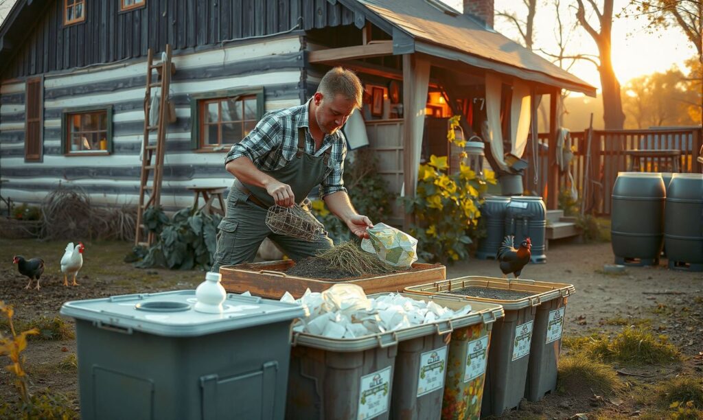 Wide-angle view of a thriving 5-acre homestead at sunset, featuring a lush vegetable garden, a compost bin to reduce waste, a shed with solar panels, a rainwater harvesting system, and various upcycled items like an old tire planter and glass bottle bird feeders