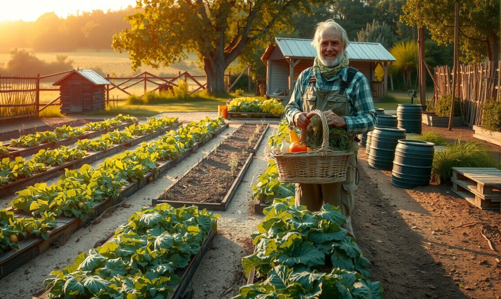 Sustainable 5-acre homestead with solar panels, wind turbine, lush vegetable garden, compost bins, and free-ranging livestock, showcasing zero-waste living practices.