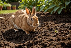 Rabbit in a garden, representing the use of rabbit manure as organic fertilizer