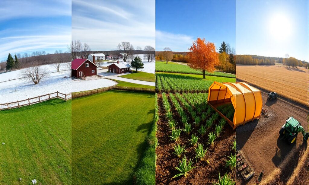 A panoramic view of a 5-acre rural property transitioning through the four seasons—winter, spring, summer, and fall—showing a snow-covered farmhouse in winter, blooming flowers and fresh greenery in spring, tall crops and bright sunshine in summer, and colorful autumn leaves with a bountiful harvest in fall.