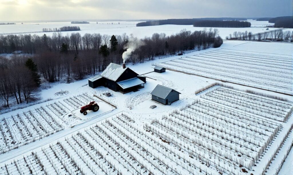 Aerial view of a winterized homestead with snow-covered fields, a barn with smoke rising from the chimney, and a red tractor on the property, illustrating the preparations and maintenance needed for winter