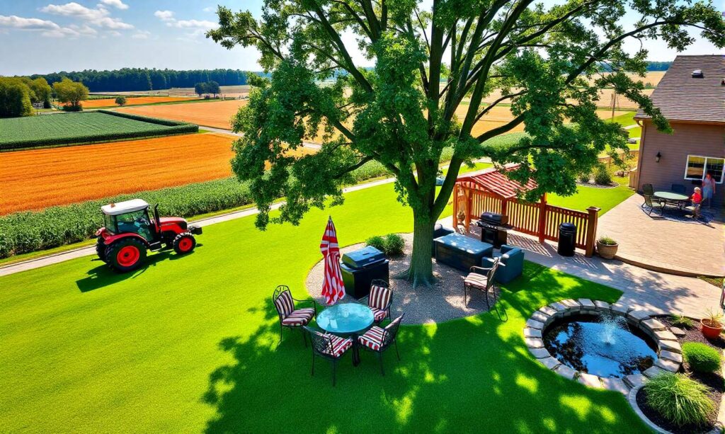 A well-maintained 5-acre homestead in summer, featuring a lush green lawn, cozy backyard seating under a shaded area, a small water feature, and a family enjoying outdoor activities