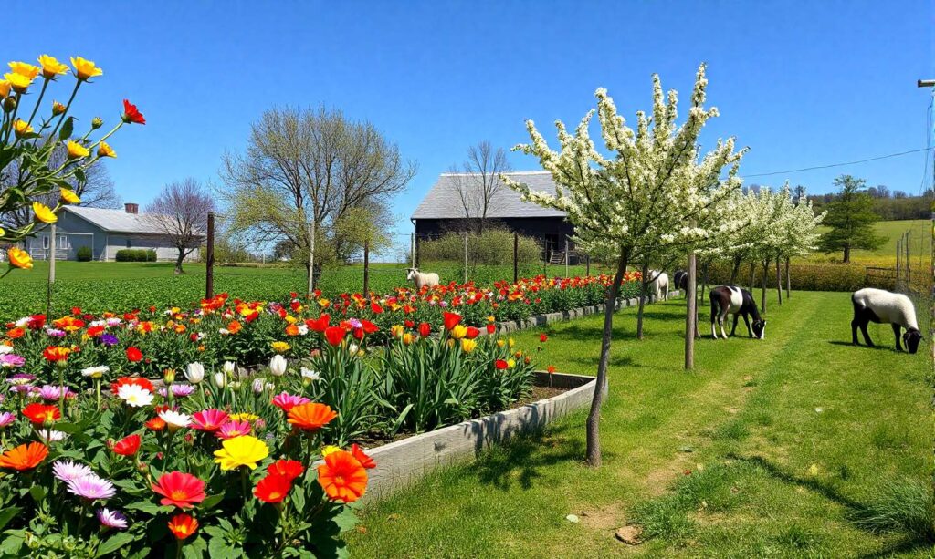 Springtime on a homestead featuring a vibrant garden, blooming flowers, grazing livestock, and a rustic barn under clear blue skies