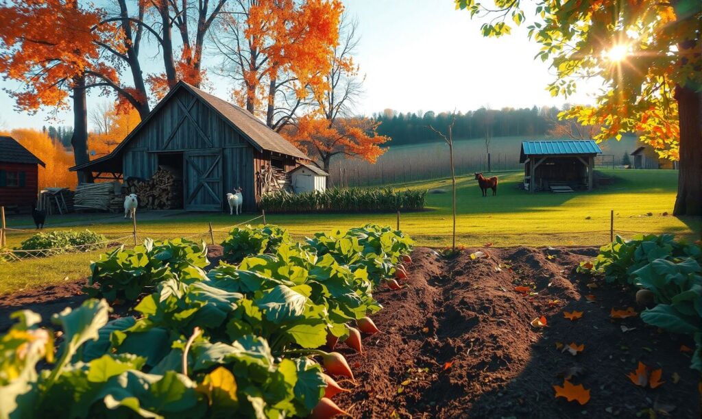 A 5-acre homestead in the fall with harvested pumpkins, squash, and root vegetables in the garden, a barn with stacked firewood in the background, and livestock grazing nearby, surrounded by vibrant autumn leaves.